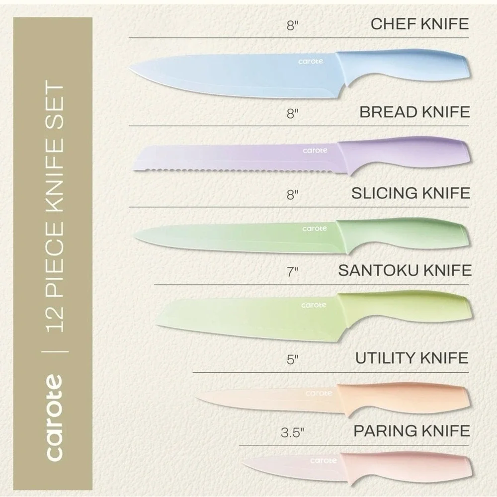 Carote 12 Piece Knife Set Pastel Colors Stainless Steel Ceramic Nonstick Kitchen